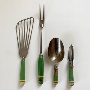 4 Vintage Green Wood Handle Utensils Batter Beater Fork Scoop Corer / Peeler
